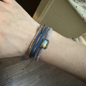 Bead & Faux Leather Multi Strand Bracelet Adjustable Slide Blue/Grey/Tan